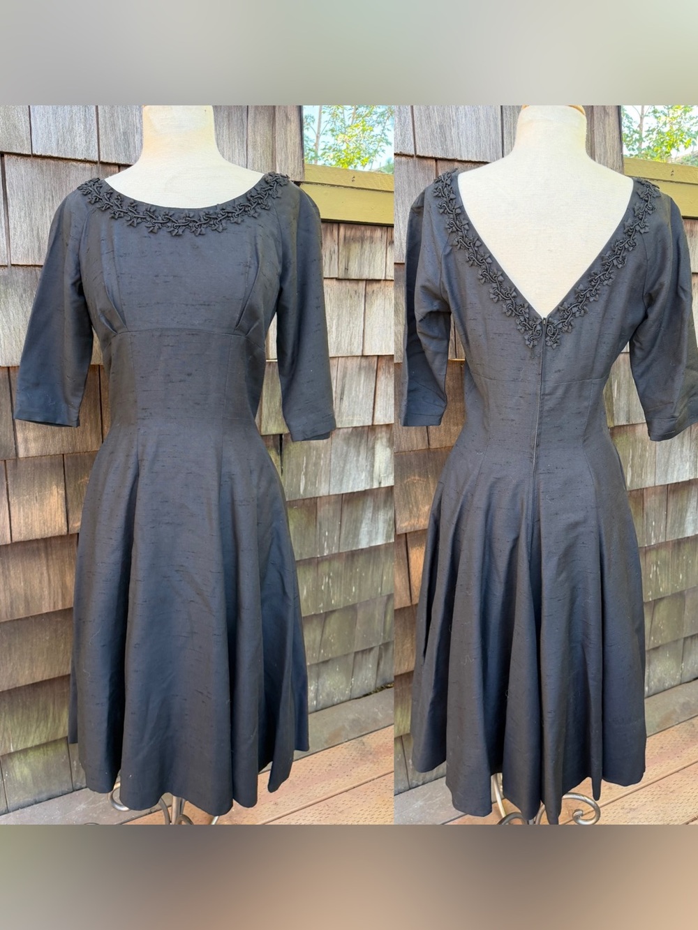 Vintage 60s black midi dress floral trim custom made Sz S/M. Fit and flare style